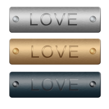 Boards with LOVE text. silver, gold and blue textured to designの写真素材