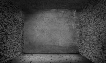 black and white room interior background, plastered wall texture brick walls and sidewalk, black ceiling, halloween backgroundの写真素材