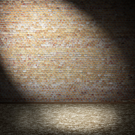 empty room interior background, bright brick wall and beige carpet floor, beam of spot lightの写真素材
