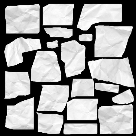 real white paper scraps isolated on black background, big setの写真素材