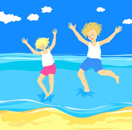 Children jumping in the sea, magical moment at the seasideのイラスト素材