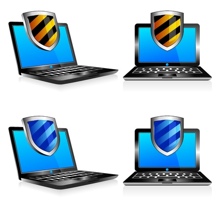 Shield antivirus laptop 3D and 2D -  firewall digital shield conceptのイラスト素材