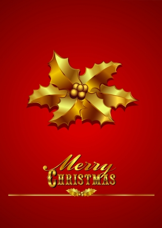Christmas Card with Gold Holly on a Red Backgroundのイラスト素材