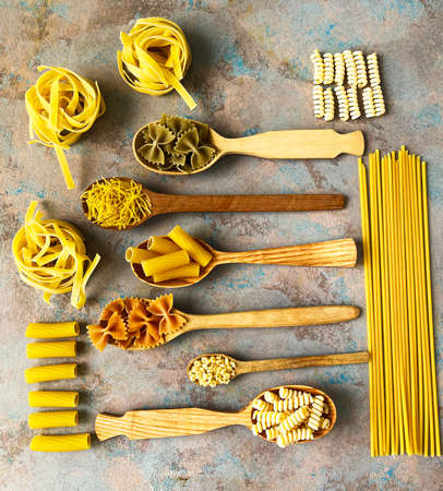 many kinds of beautiful pasta on the tableの写真素材