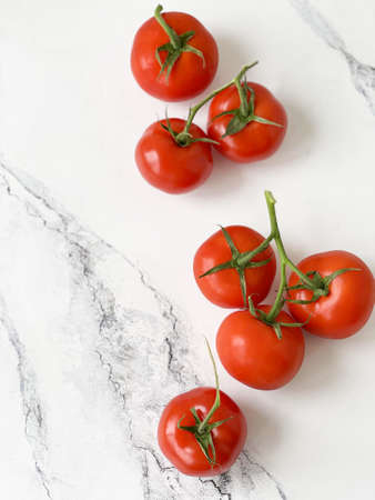 tomatoes on a branch on a light backgroundの写真素材