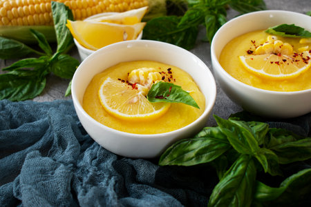 corn porridge with lemon and basil on the tableの写真素材