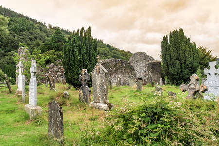 Old irish graveyard, Glendalough, Irelandの写真素材