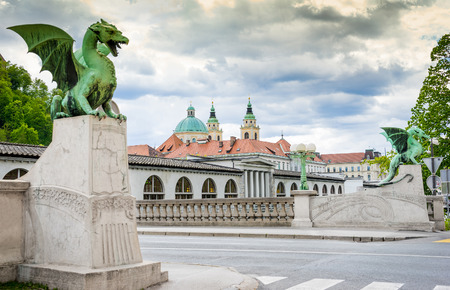 Famous Dragon bridge (Zmajski most), symbol of Ljubljana, capital of Slovenia, Europeのeditorial素材