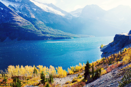 autumn view of Going to the Sun Road in Glacier National Park, Montana, United Statesの写真素材