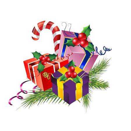 Set of colorful christmas gift boxes  with pine, holly, cane, ribbon on it isolted on white. Christmas ornament の写真素材