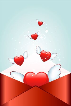 Red envelope with flying heartの写真素材