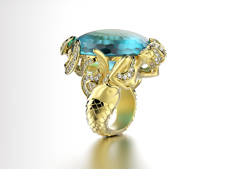 Golden  Ring with Diamond. Jewelry background. aquamarine gemstoneの写真素材