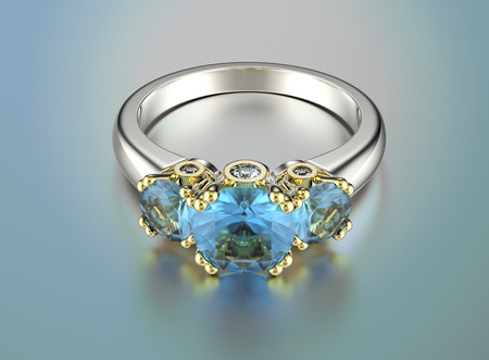 Golden Engagement Ring with aquamarine. Jewelry backgroundの写真素材