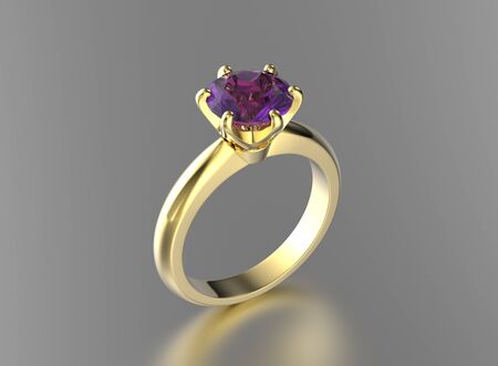 3D illustration gold ring with ultra violet gemstone. Jewelry background. Fashion accessoryの写真素材