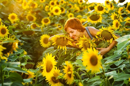 young beautiful woman on blooming sunflower field in summerの写真素材