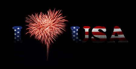 fireworks in a red heart shape with the U.S. flag on a black background. I love usaの写真素材