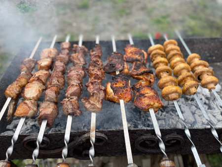 Shish kebab on skewers cooked on a barbecue grillの写真素材