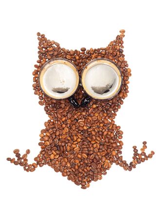 Owl from the corns of coffee isolated on a white backgroundの写真素材