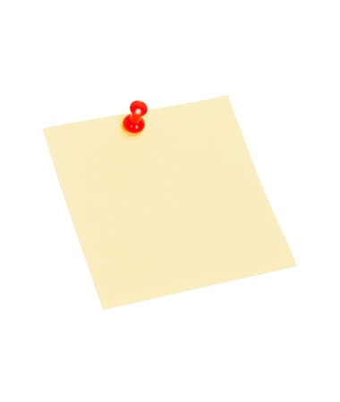 Yellow sheet for notes pinned button isolated on white backgroundの写真素材