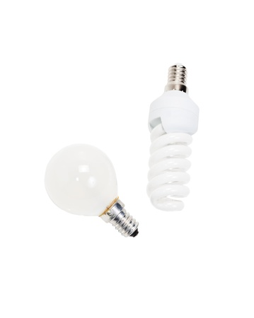 Fluorescent and incandescent lamp isolated on white backgroundの写真素材