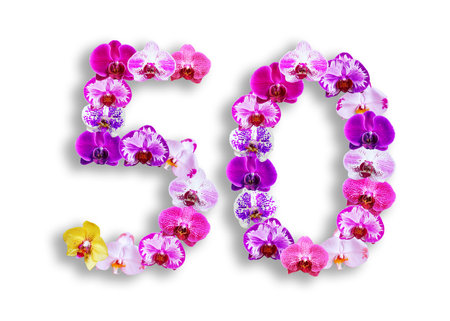 The shape of the number 50 is made of various kinds of orchid flowers. suitable for birthday, anniversary and memorial day templatesの写真素材