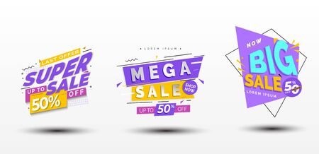 bundle super, mega and big sale banner design, title flyer or poster, on season sale promotion, new arrival product or service, up to 50% off. Vector illustration.can used web design post and print adsのイラスト素材