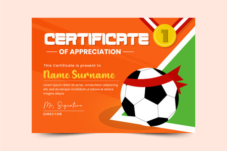 Football tournament, sport event certificate design template. Field and ball feel design with cool lookのイラスト素材