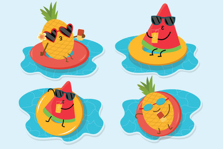 Pineapple and watermelon on the beach collection of simple and elegant vector design flat illustration elementsのイラスト素材