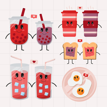 Kawaii cute valentine food and drink character collections flat illustration simple cute and elegant vector designのイラスト素材