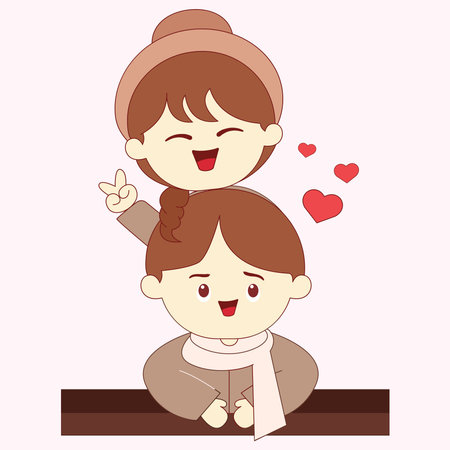 Illustration of cute Couple of Lovers cartoon character with cute photo pose on Valentine's day simple cute and elegant vector designのイラスト素材