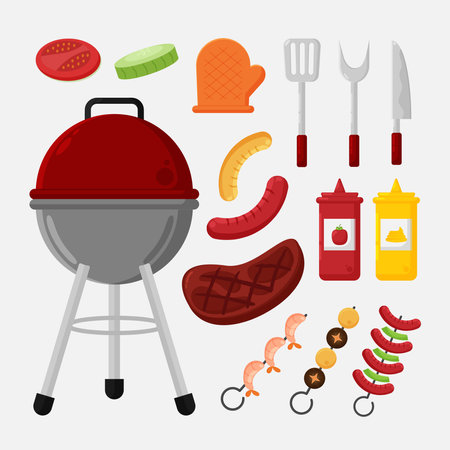 Colorful barbecue party elements collection in flat illustration, this element will create a pleasant and delicious atmosphere, simple cute fun and elegant vector design.のイラスト素材