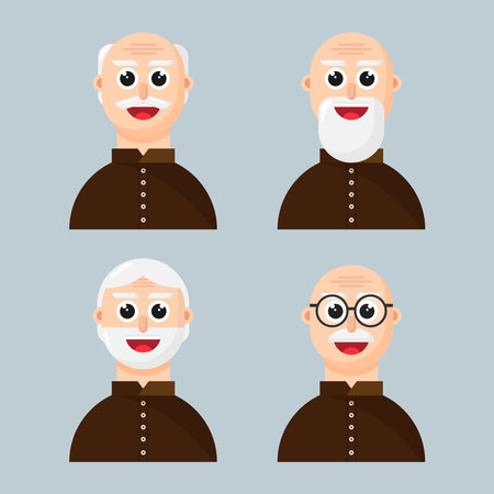 Face of old man vector collection that can be reused in flat illustrations, these elements will create a mature atmosphere, simple modern and elegant vector design.のイラスト素材