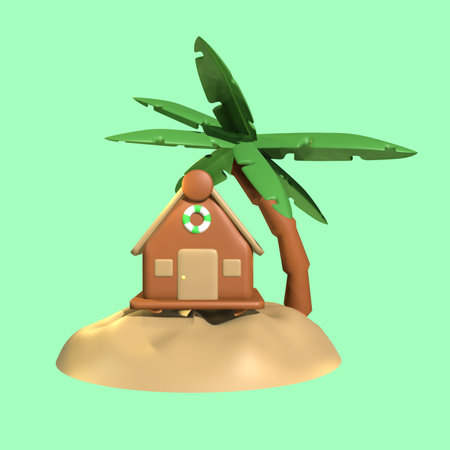 3D bungalow icon summer rendered isolated on the colored background. Simple and elegant object for your design.の写真素材