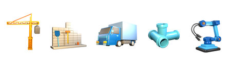 3D icon labor day collection rendered isolated on the white background. industrial robot, brick wall, delivery truck, industrial pipe, and construction crane object for your design.の写真素材