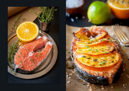 Grilled salmon and raw salmon, orange, lime and herbs. collageの写真素材