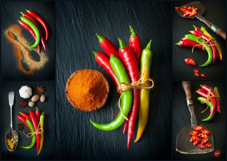Various spices. Collage on a slate chalkboard.の写真素材