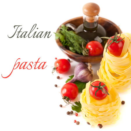 Italian pasta, tomatoes, garlic, spices and herbs (with sample text)の写真素材