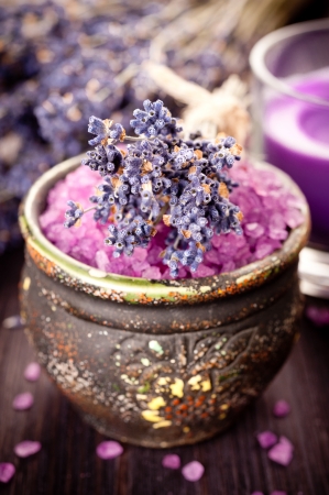 Flowers lavender and sea salt. Spa concept.の写真素材