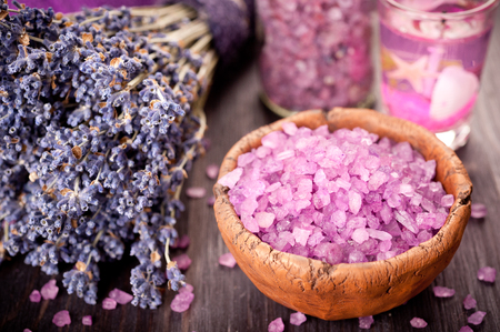 Sea salt and lavender flowers. Spa.の写真素材