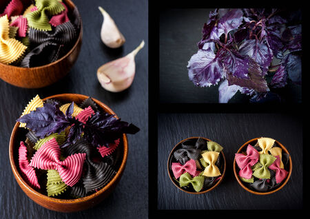 Farfalle pasta, basil and garlic. Italian cuisine. collageの写真素材