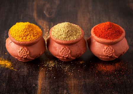 Spices Curry, paprika and coriander. Spices on dark background.の写真素材