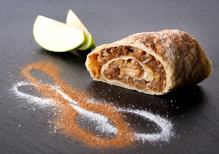 Apple strudel on a stone blackboardの写真素材