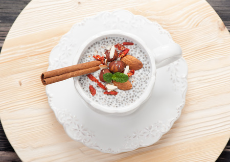 Chia seed pudding with nuts and goji berries. top viewの写真素材