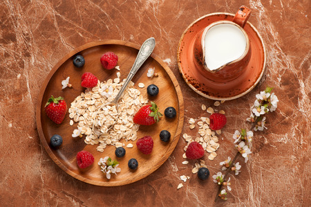 oat flakes, milk, honey and berries.の写真素材