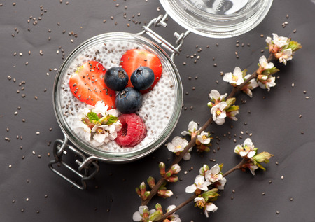 Chia pudding dessert with berriesの写真素材