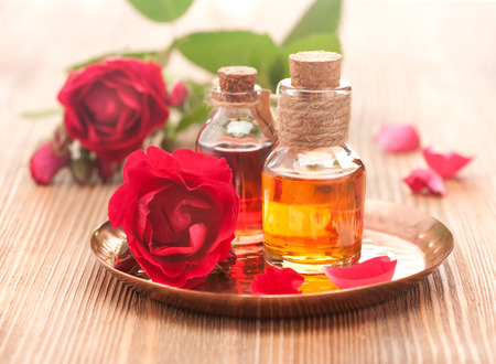 rose essential oil and rose flowersの写真素材