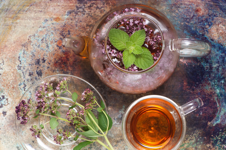 Herbal tea with mint and oregano, top viewの写真素材