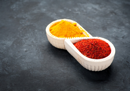 Spices turmeric powder and paprikaの写真素材