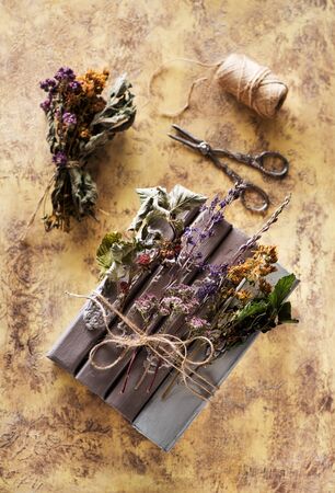 Herbal medicine concept. Dried healing herbs, scissors and vintage books, flat lay.の写真素材