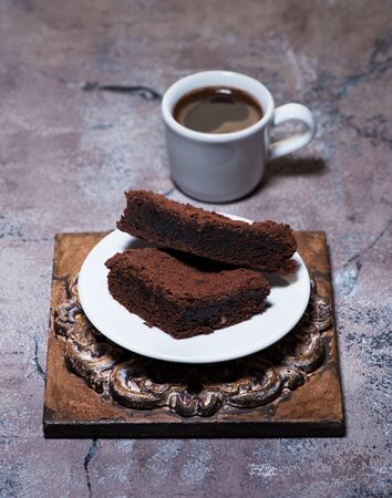 brownies chocolate cake and cup coffee delicious breakfastの写真素材